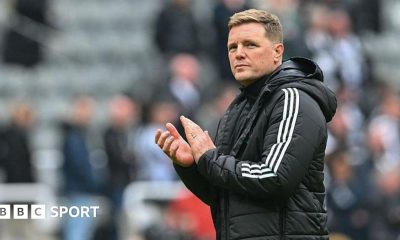 Eddie Howe applauds supporters after Newcastle United's game against Sunderland at St James' Park