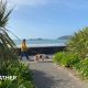 photo looking out to sea but with some greenery in the foreground and a person walking their dog.  A headland in the distance