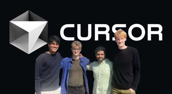 Four people smiling in front of the Cursor AI logo on a black background.