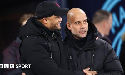 Burnley manager Vincent Kompany and Manchester City manager Pep Guardiola during the Premier League match between Manchester City and Burnley FC at Etihad Stadium on January 31, 2024