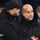 Burnley manager Vincent Kompany and Manchester City manager Pep Guardiola during the Premier League match between Manchester City and Burnley FC at Etihad Stadium on January 31, 2024