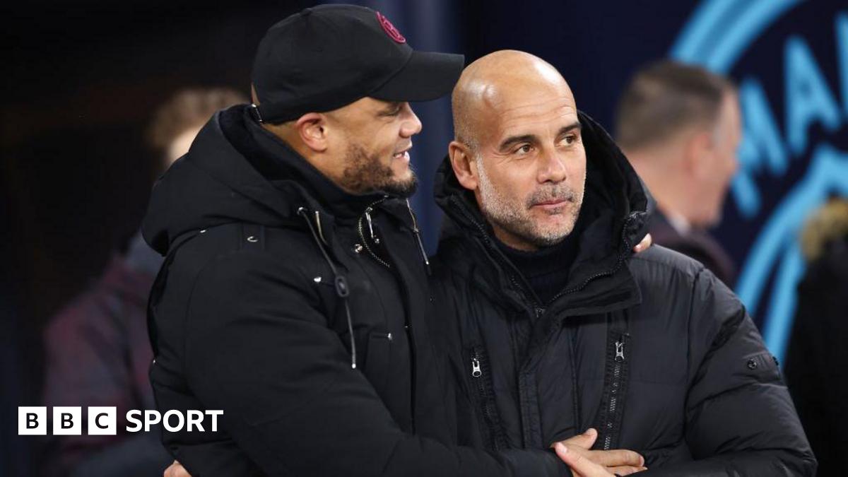 Burnley manager Vincent Kompany and Manchester City manager Pep Guardiola during the Premier League match between Manchester City and Burnley FC at Etihad Stadium on January 31, 2024