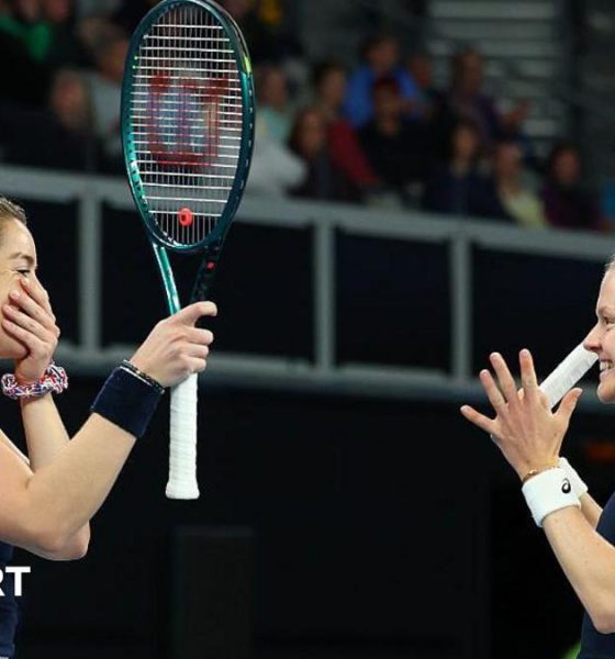 Jodie Burrage (left) and Harriet Dart (right) celebrate their win over Australia
