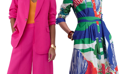 two professional women dressed in loud colors and patterns as with "dopamine dressing"
