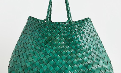 green leather woven tote