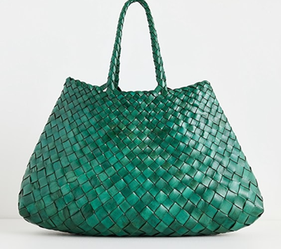 green leather woven tote