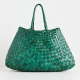 green leather woven tote