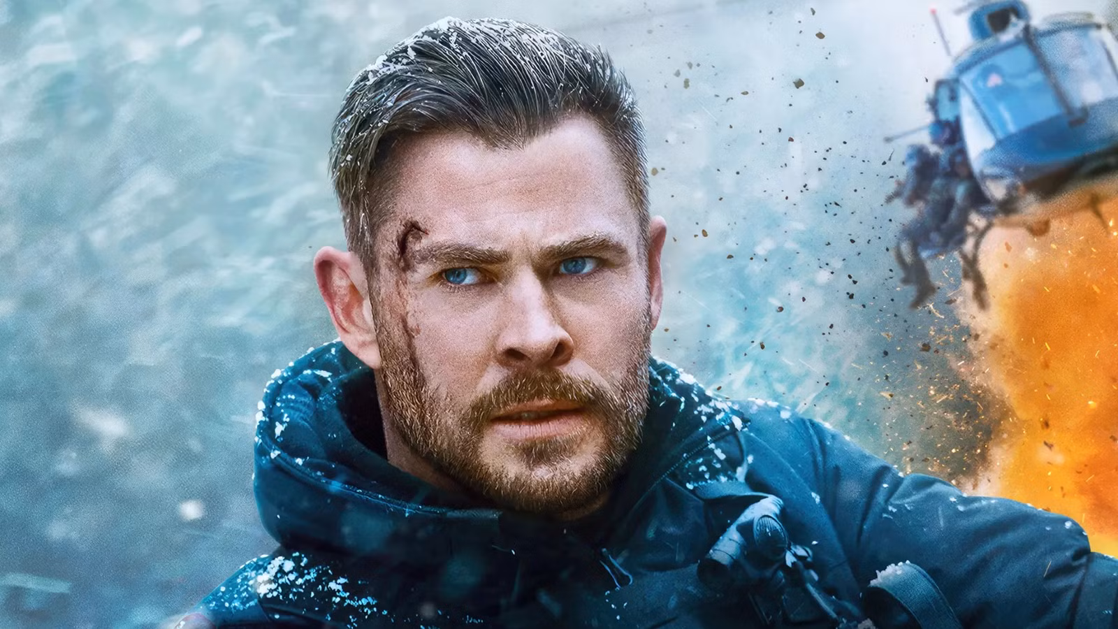 Chris Hemsworth looking away from a helicopter in Extraction 2