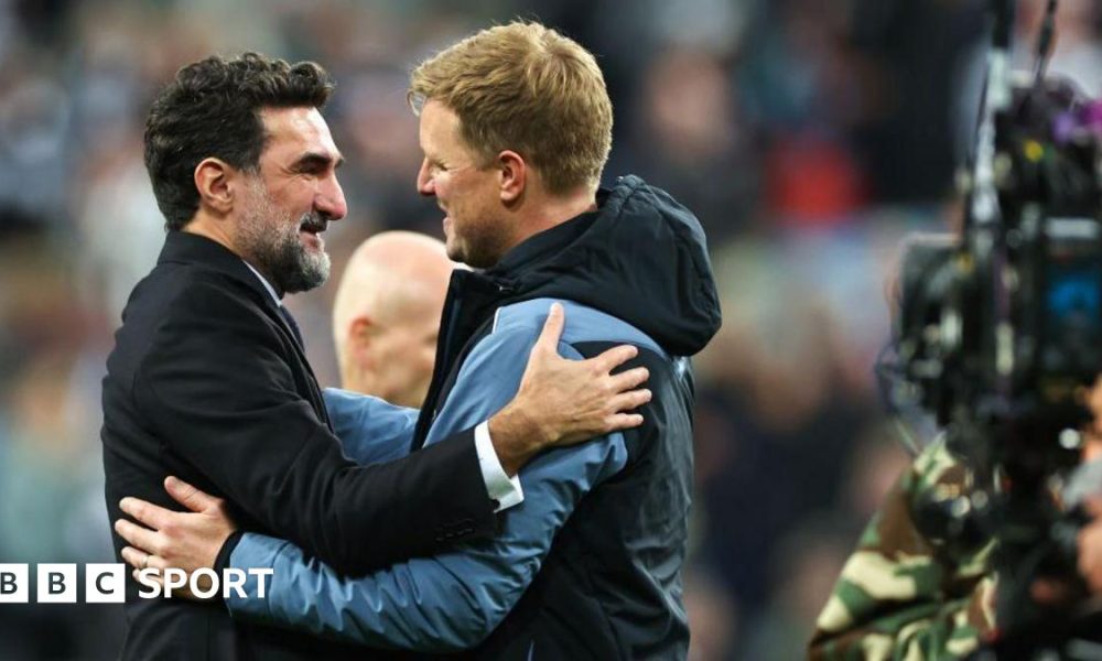 Yasir Al-Rumayyan greets Eddie Howe after Newcastle United's game against Leicester City at St James' Park on 22 May, 2023