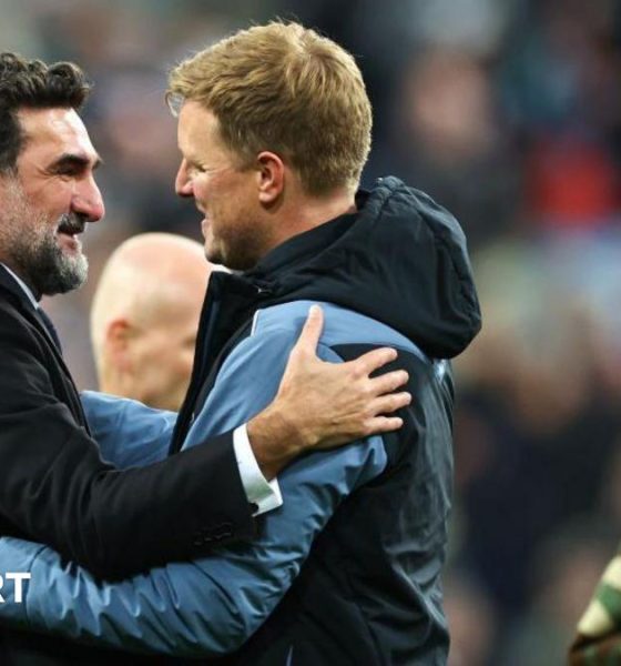 Yasir Al-Rumayyan greets Eddie Howe after Newcastle United's game against Leicester City at St James' Park on 22 May, 2023