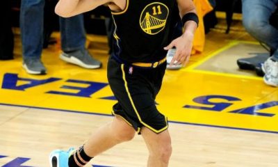Golden State guard Klay Thompson celebrates a 3-pointer in Thursday's 120-110 victory over Dallas that advanced the Warriors into the NBA Finals