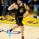 Golden State guard Klay Thompson celebrates a 3-pointer in Thursday's 120-110 victory over Dallas that advanced the Warriors into the NBA Finals