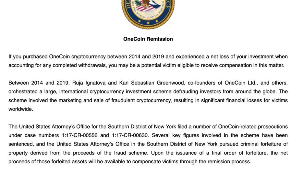 DOJ Opens $4 Billion OneCoin Claims Portal for Scammed Investors