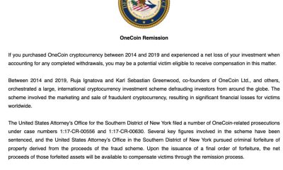 DOJ Opens $4 Billion OneCoin Claims Portal for Scammed Investors
