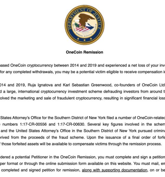 DOJ Opens $4 Billion OneCoin Claims Portal for Scammed Investors