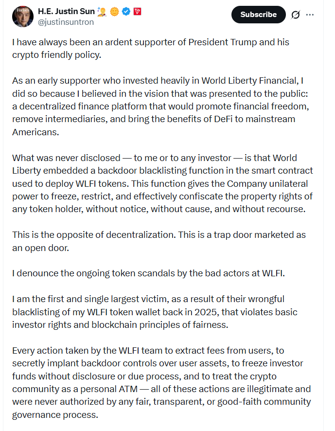 Justin Sun Sues World Liberty Financial Over WLFI Crypto Token Freeze