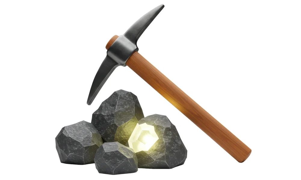 Isolated Pickaxe Striking a Glowing Gold Nugget in Rocks