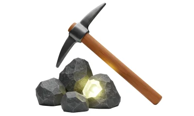 Isolated Pickaxe Striking a Glowing Gold Nugget in Rocks