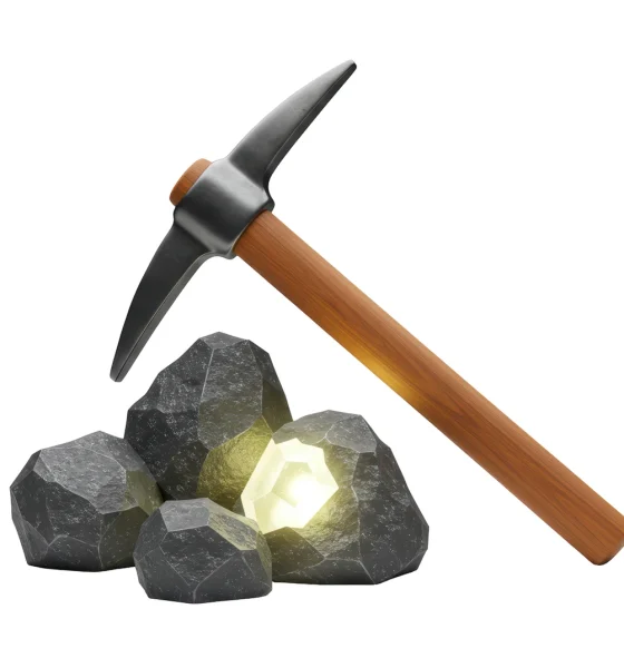 Isolated Pickaxe Striking a Glowing Gold Nugget in Rocks
