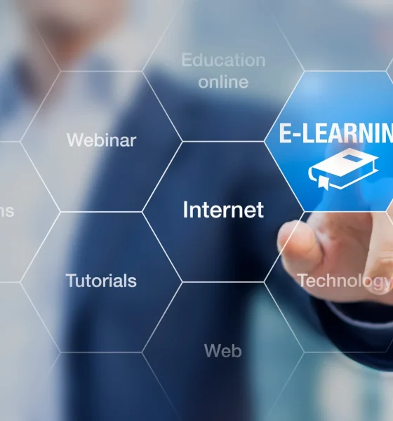 E-learning concept with a teacher presenting online education program