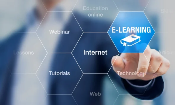 E-learning concept with a teacher presenting online education program