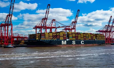 Large container ship MSC Taranto docked at port with multiple cranes in the background.
