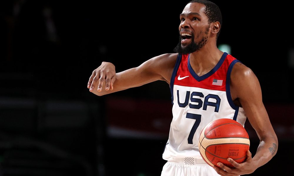 Kevin Durant #7 of Team United States reacts against Team Australia during the first half of a Men's Basketball quarterfinals game on day thirteen of the Tokyo 2020 Olympic Games at Saitama Super Arena on August 05, 2021 in Saitama, Japan.