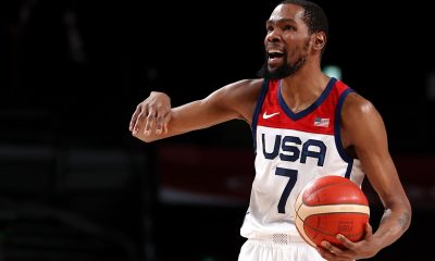 Kevin Durant #7 of Team United States reacts against Team Australia during the first half of a Men's Basketball quarterfinals game on day thirteen of the Tokyo 2020 Olympic Games at Saitama Super Arena on August 05, 2021 in Saitama, Japan.