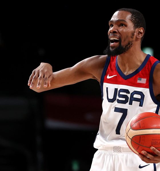 Kevin Durant #7 of Team United States reacts against Team Australia during the first half of a Men's Basketball quarterfinals game on day thirteen of the Tokyo 2020 Olympic Games at Saitama Super Arena on August 05, 2021 in Saitama, Japan.