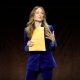 LAS VEGAS, NEVADA - APRIL 26: Olivia Wilde speaks onstage during CinemaCon 2022 - Warner Bros. Pictures "The Big Picture" Presentation at The Colosseum at Caesars Palace during CinemaCon, the official convention of the National Association of Theatre Owne