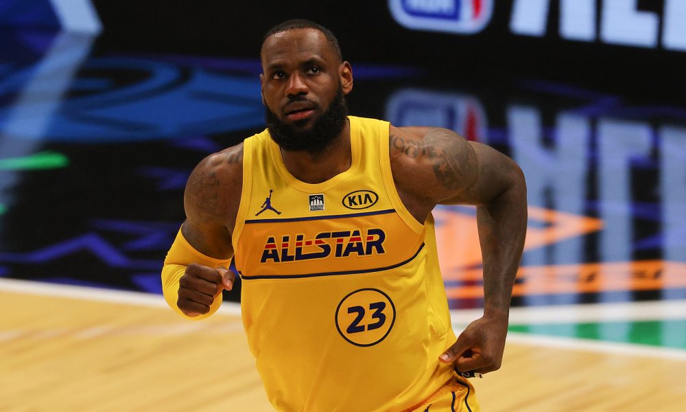 Lebron James #23 of Team LeBron reacts against Team Durant in the 70th NBA All-Star Game at State Farm Arena on March 7, 2021, in Atlanta.