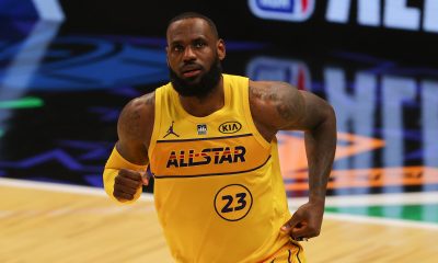 Lebron James #23 of Team LeBron reacts against Team Durant in the 70th NBA All-Star Game at State Farm Arena on March 7, 2021, in Atlanta.