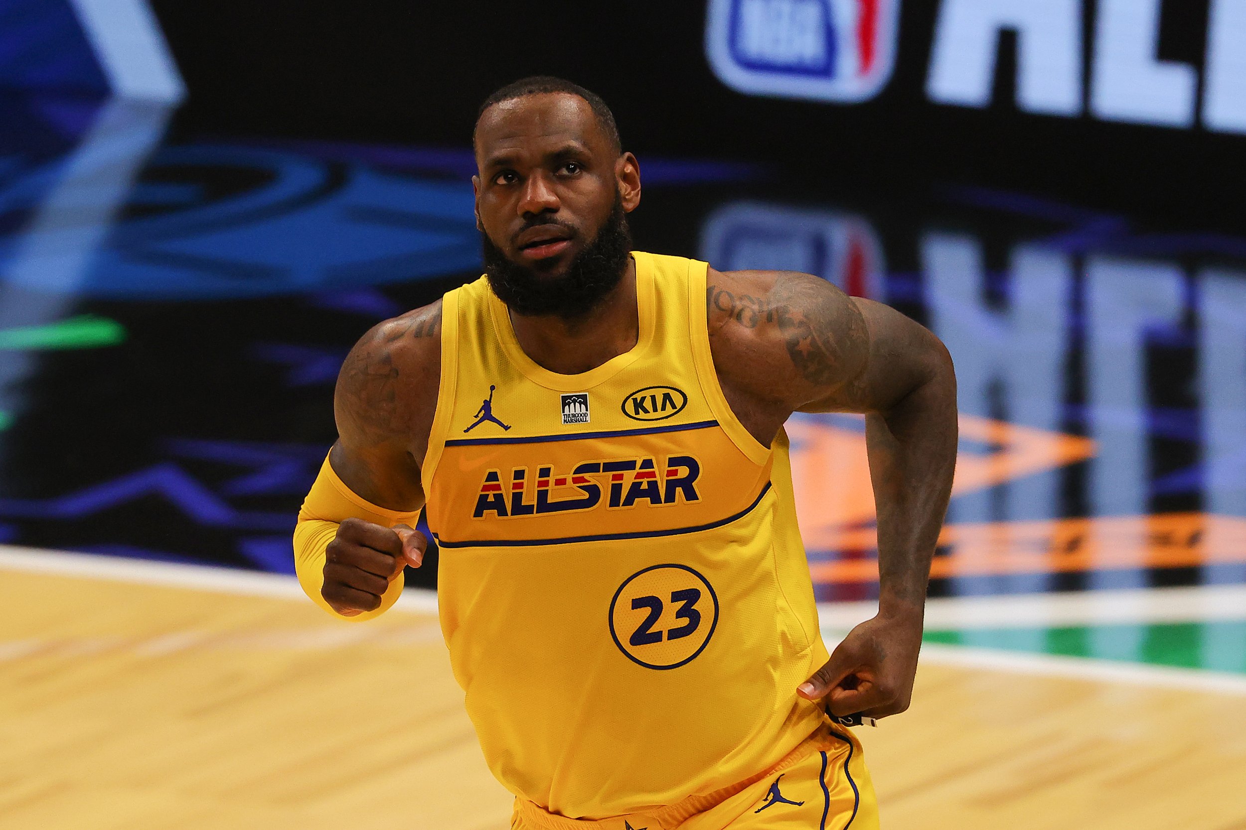 Lebron James #23 of Team LeBron reacts against Team Durant in the 70th NBA All-Star Game at State Farm Arena on March 7, 2021, in Atlanta.