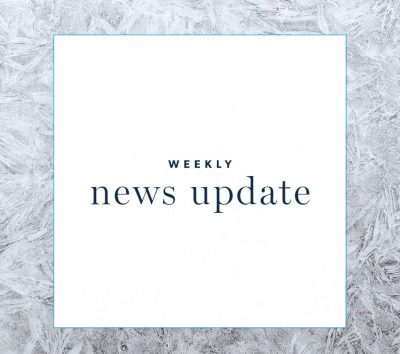 A light gray and white graphic reading weekly news update.