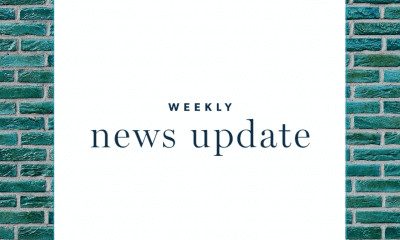 Weekly News Update on blue brick background.