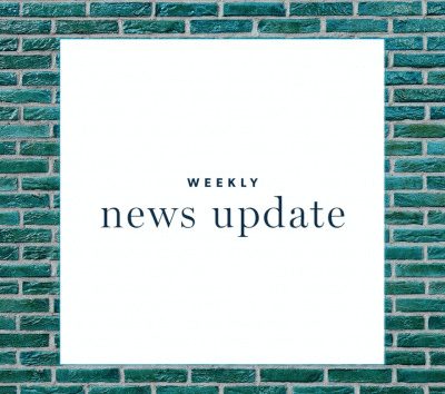 Weekly News Update on blue brick background.
