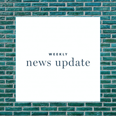 Weekly News Update on blue brick background.