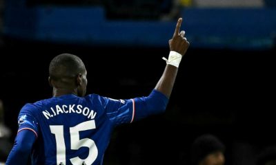 Nicolas Jackson celebrates his goal for Chelsea against Brentford in the Premier League