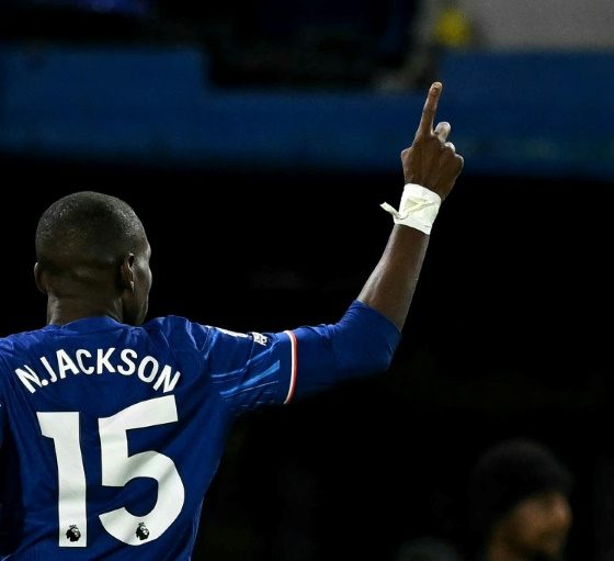 Nicolas Jackson celebrates his goal for Chelsea against Brentford in the Premier League