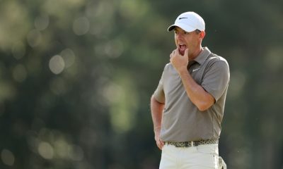 Northern Ireland's Rory McIlroy reacts on the way to an even par 72 in the first round of the Masters at Augusta National