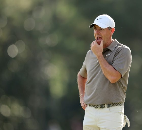 Northern Ireland's Rory McIlroy reacts on the way to an even par 72 in the first round of the Masters at Augusta National