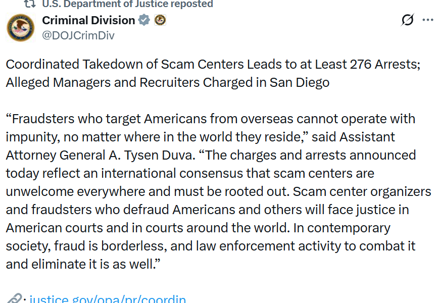 International Crackdown Shutters Nine Crypto Scam Centers, 276 Arrested