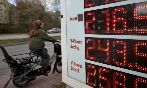 Petrol prices in Hamburg on 25 March. Pic: Reuters