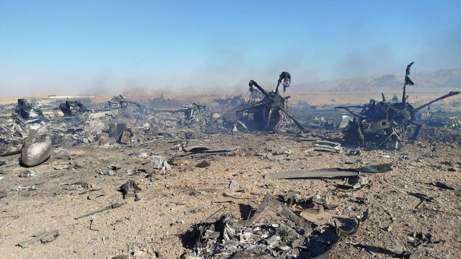 Footage from Iranian state media of a crash site south of the city of Isfahan, thought to be connected to the rescue mission