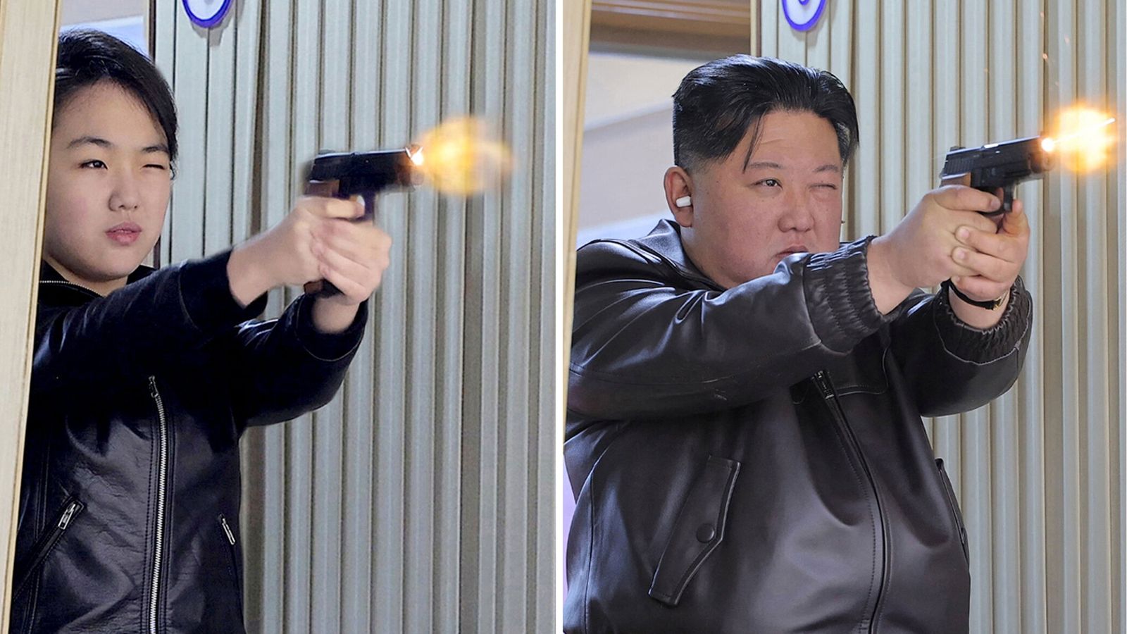 (L-R) Kim Ju Ae and Kim Jong Un fire pistols as they visit a munitions factory. Pic: Reuters