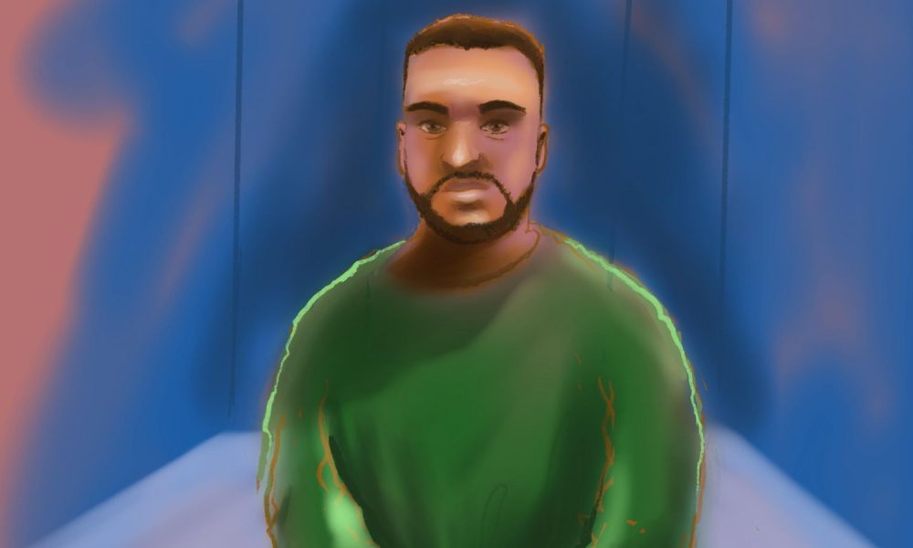 A court sketch depicts alleged Bondi Beach gunman Naveed Akram appearing via video link in February. File pic: AAP/AP