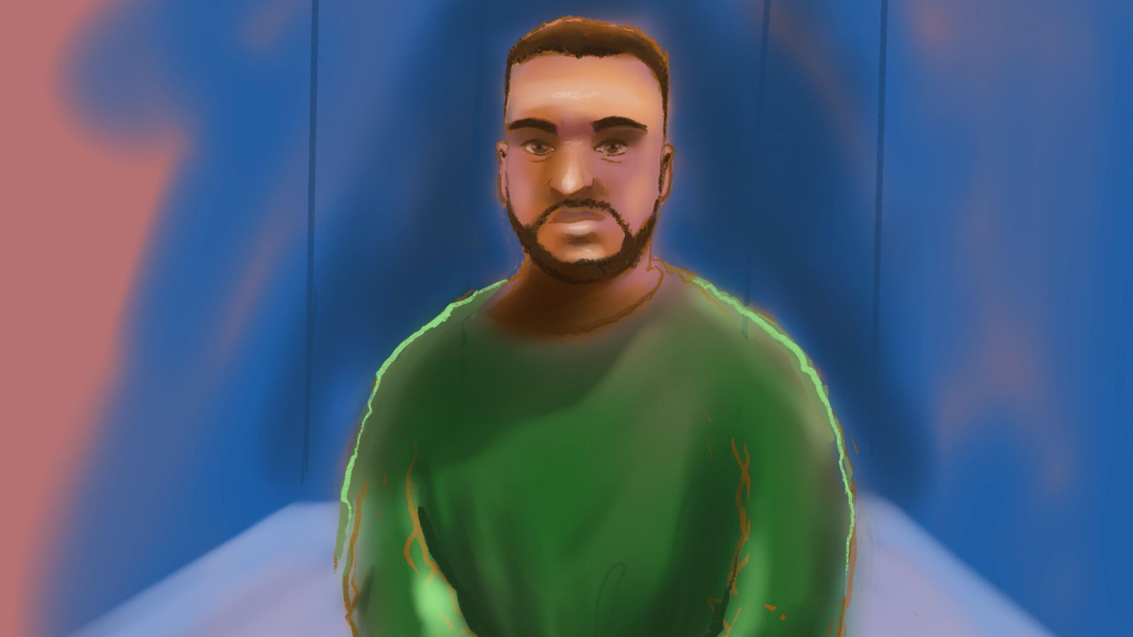 A court sketch depicts alleged Bondi Beach gunman Naveed Akram appearing via video link in February. File pic: AAP/AP