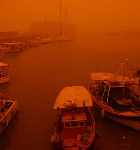 A view of the port in Heraklion, Crete, which is cloaked by red dust from Africa. Pic: Reuters