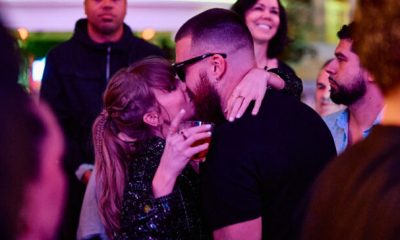 Taylor Swift and Travis Kelce share a kiss at XS Nightclub as Kansas City Chiefs celebrate Super Bowl win