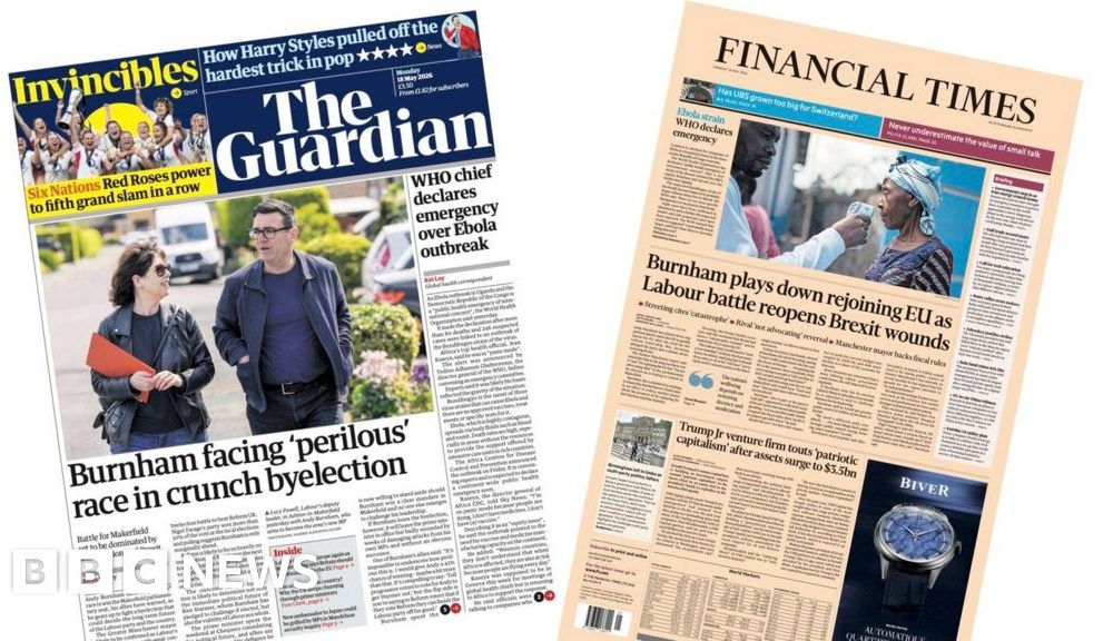 'Burnham faces perilous race' and 'WHO declares Ebola emergency'